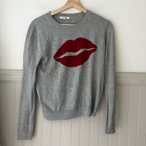 Splendid Cashmere Blend Gray Sweater Red Lips Motif Small Long Sleeve Cozy Knit
